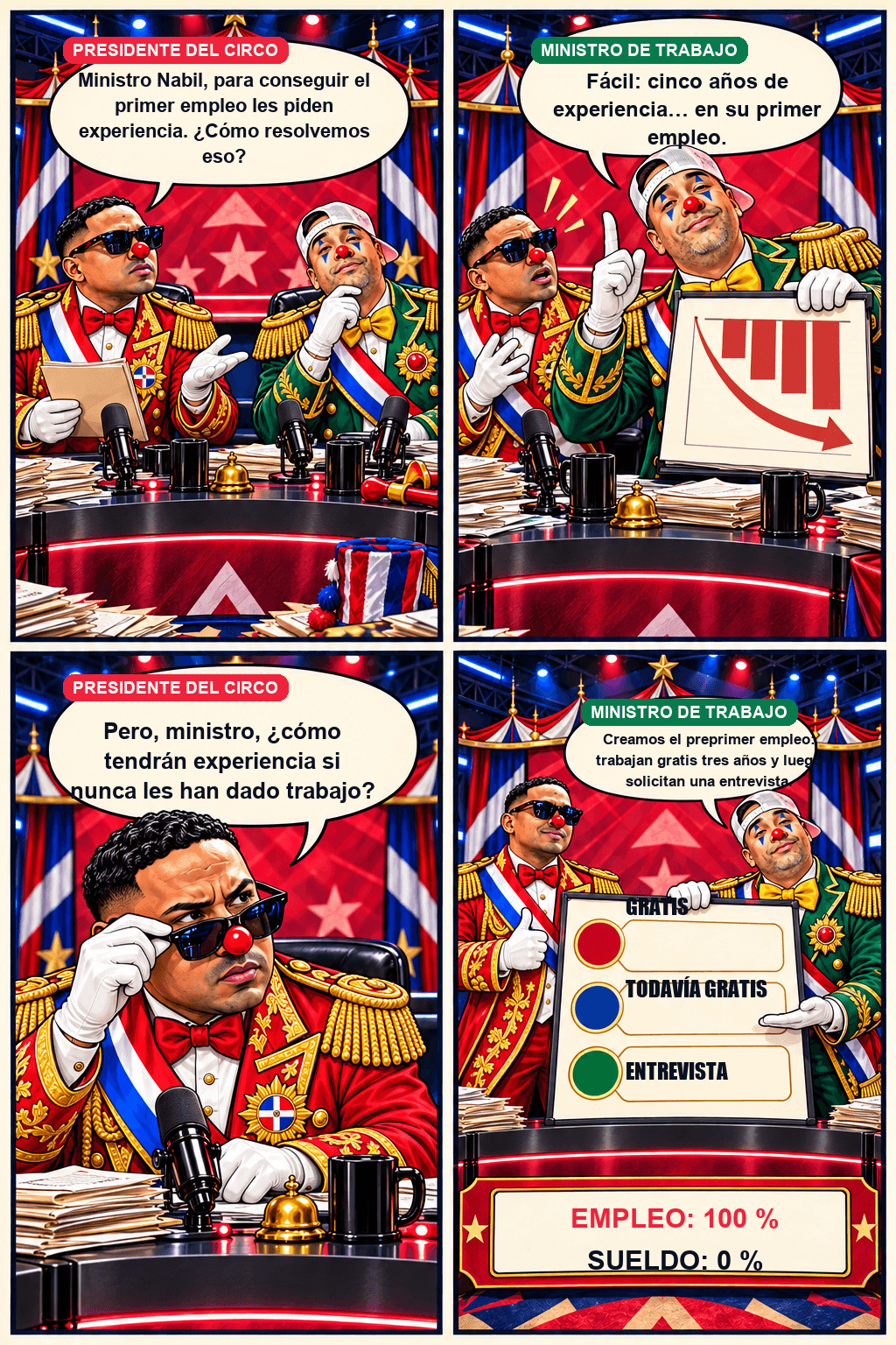 Caricatura satírica en cuatro viñetas: el presidente del circo pregunta por el primer empleo y Nabil, ministro de Trabajo ficticio, propone exigir cinco años de experiencia y crear un preprimer empleo sin sueldo.