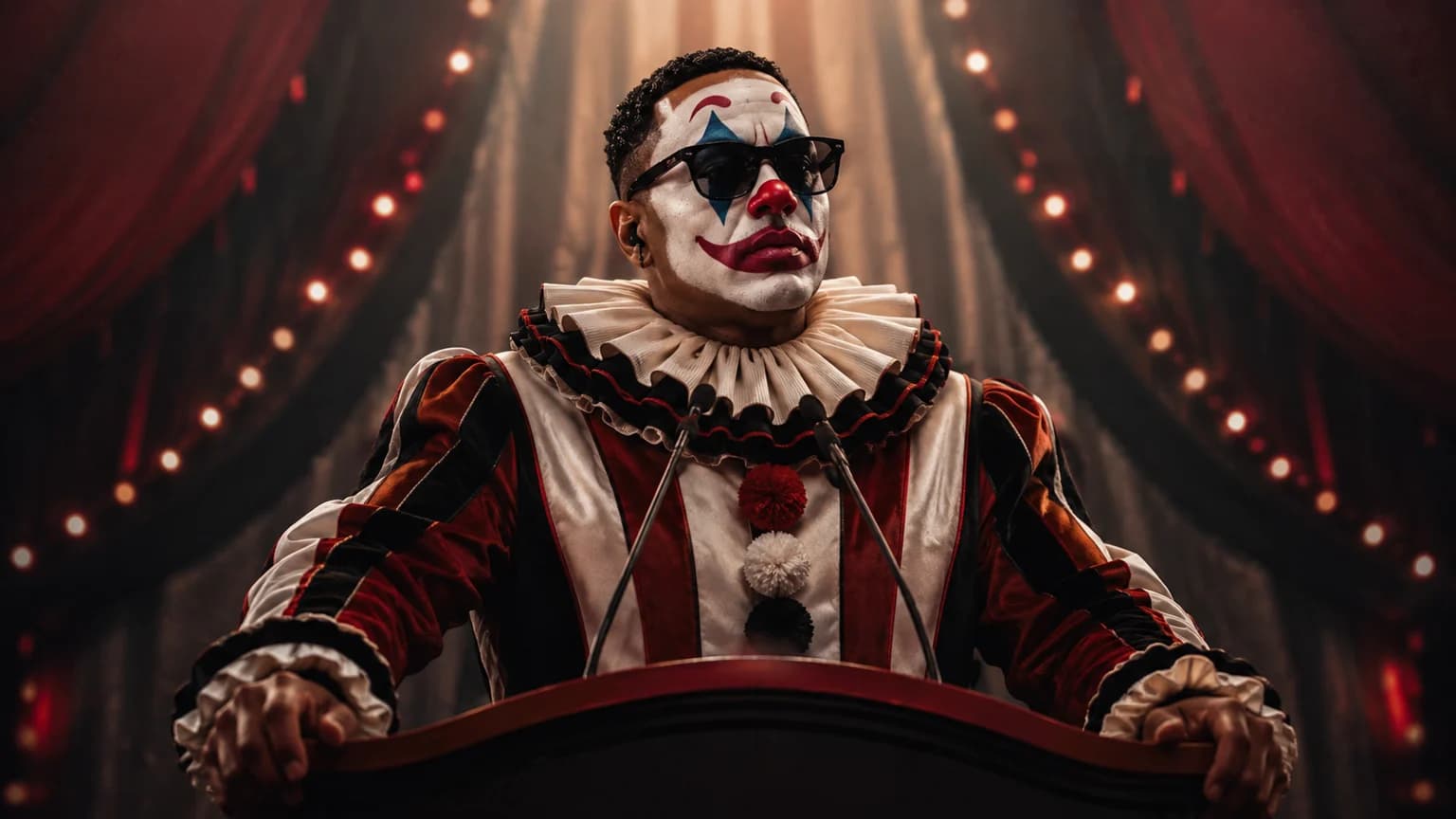Ilustración satírica de Santiago Matías caracterizado como payaso ante un atril y un escenario teatral.