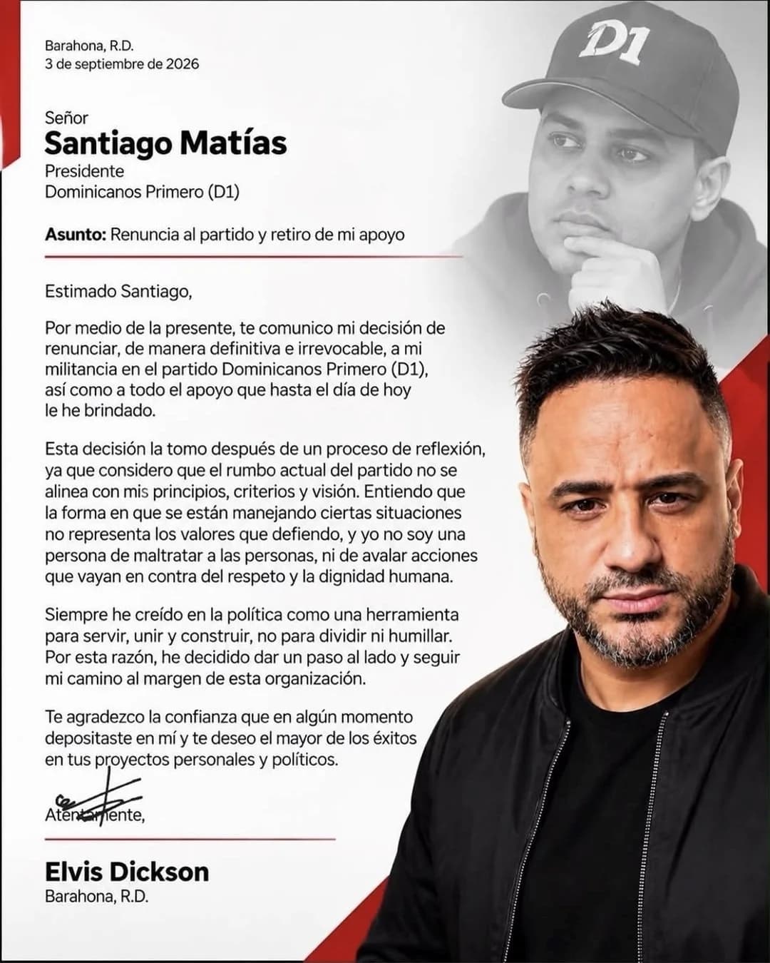 Carta atribuida a Elvis Dickson en la que anuncia su retiro de Dominicanos Primero y del apoyo a Santiago Matías.