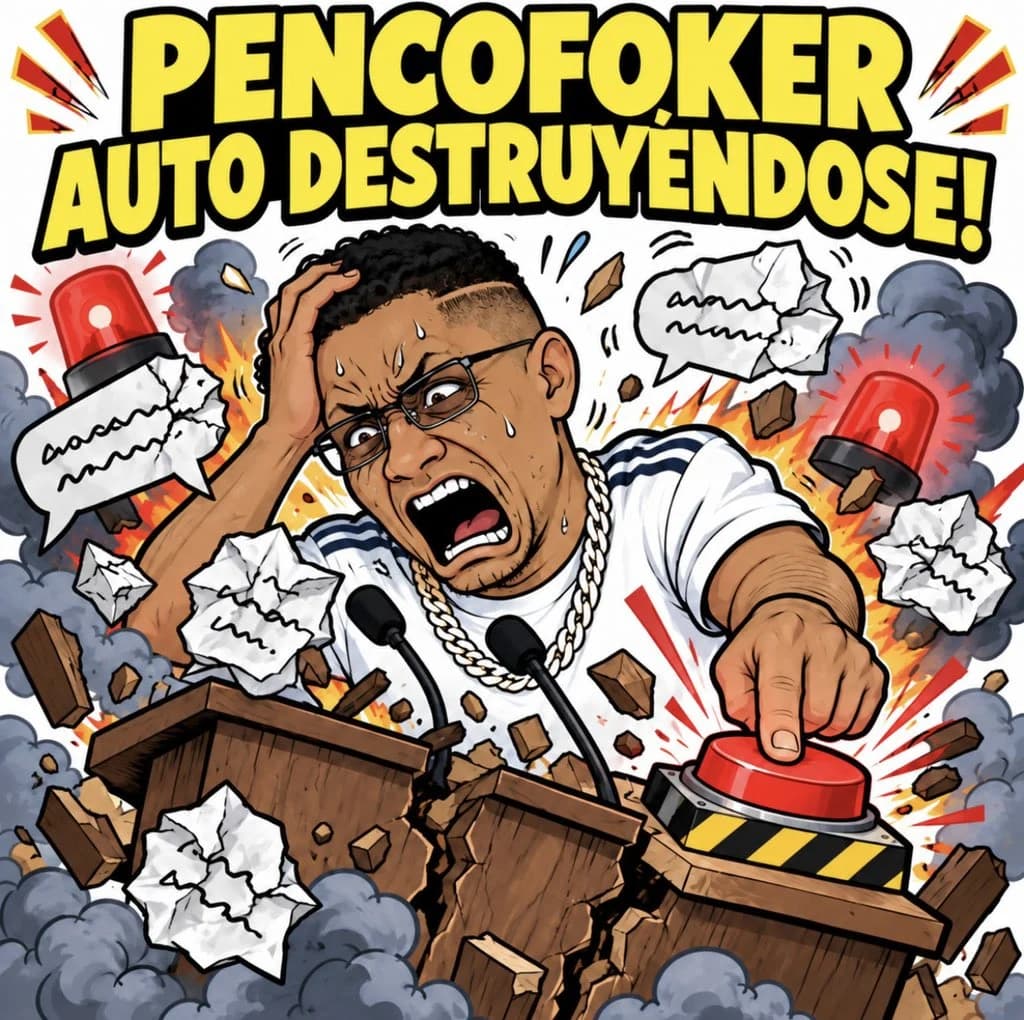 Caricatura satírica de un personaje inspirado en Santiago Matías presionando un botón rojo mientras un podio se destruye entre alarmas y humo.
