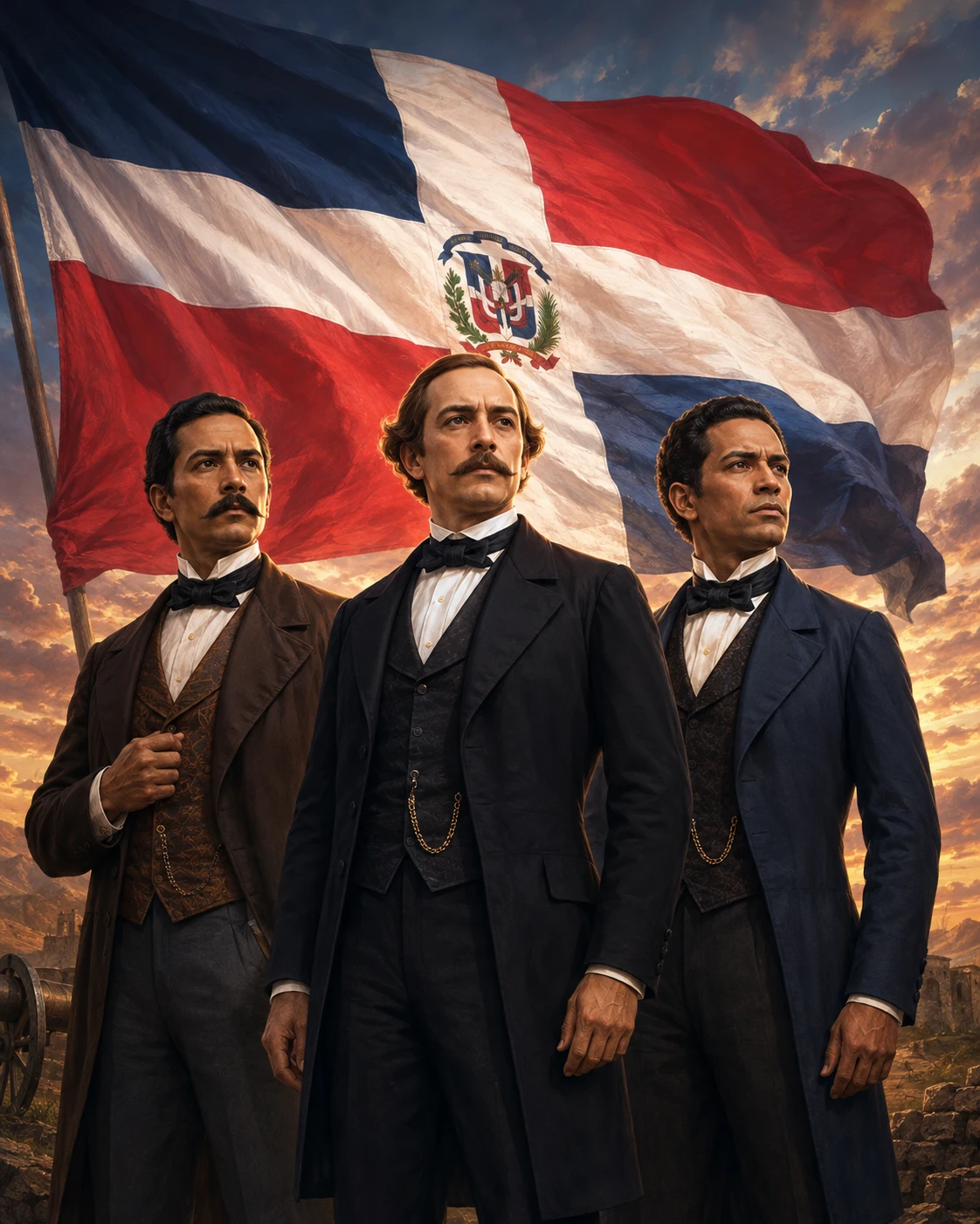 Ilustración original de AntiFoke: los tres padres de la patria dominicana ante la bandera, con luz cálida.